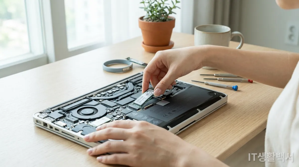 한국인이 노트북에 SSD를 설치하는 모습