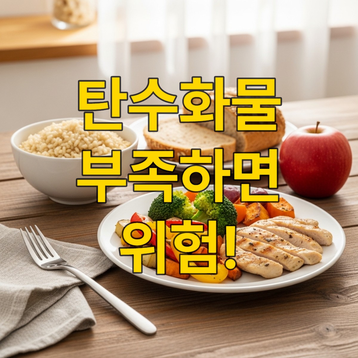 건강한 탄수화물이 포함된 균형 잡힌 식사 이미지. 현미밥, 구운 닭가슴살과 채소, 통밀빵, 사과 등이 조화롭게 놓여있습니다.