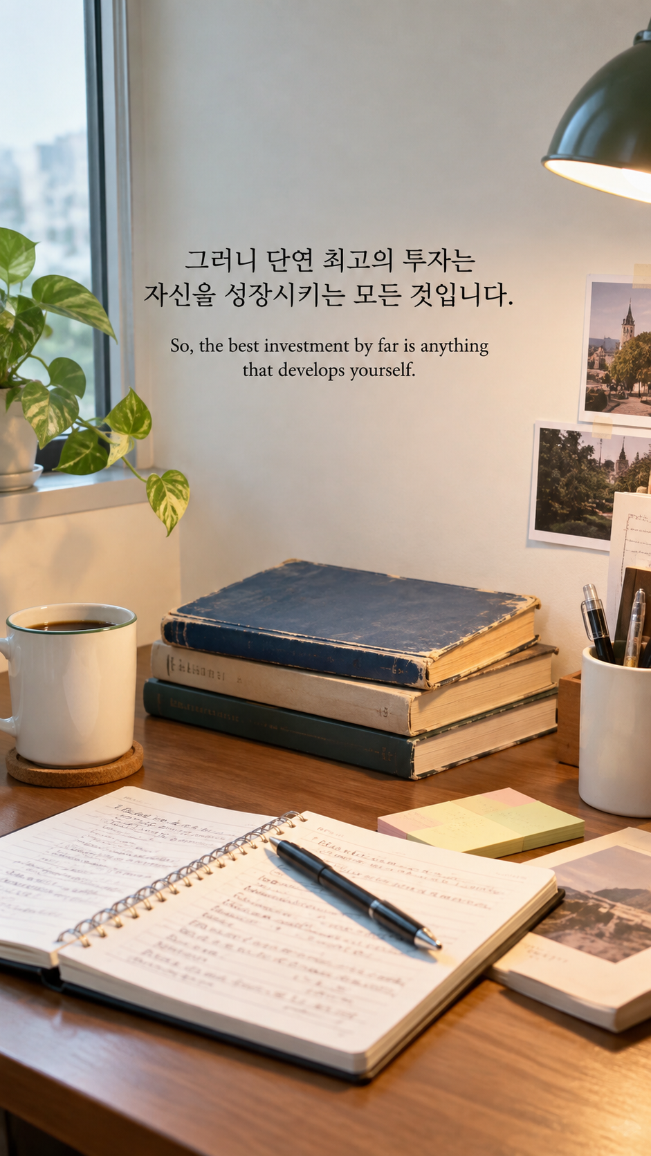 낡은 책과 메모가 놓인 공부 책상에 자기 자신에 대한 투자에 관한 워렌 버핏 명언이 적힌 이미지