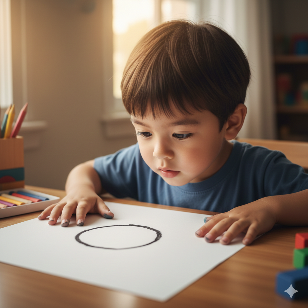 하얀 도화지 위에 동그라미 하나를 그려놓고, 그것을 보며 우주선을 상상하는 듯한 아이의 반짝이는 눈빛