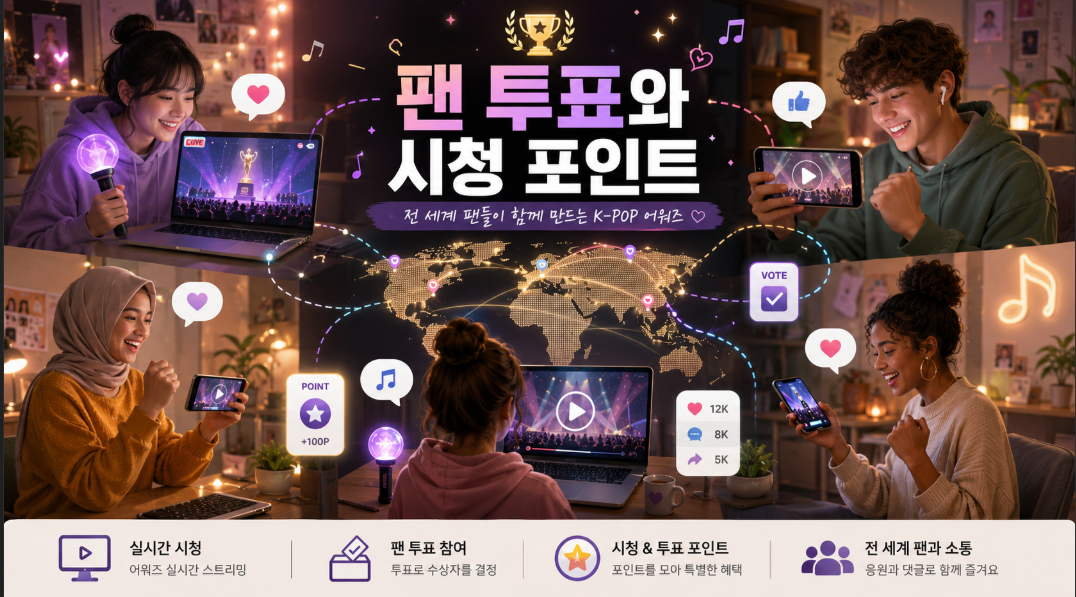글로벌 K-팝 팬들이 시상식을 시청하고 팬 투표와 SNS 반응에 참여하는 모습
