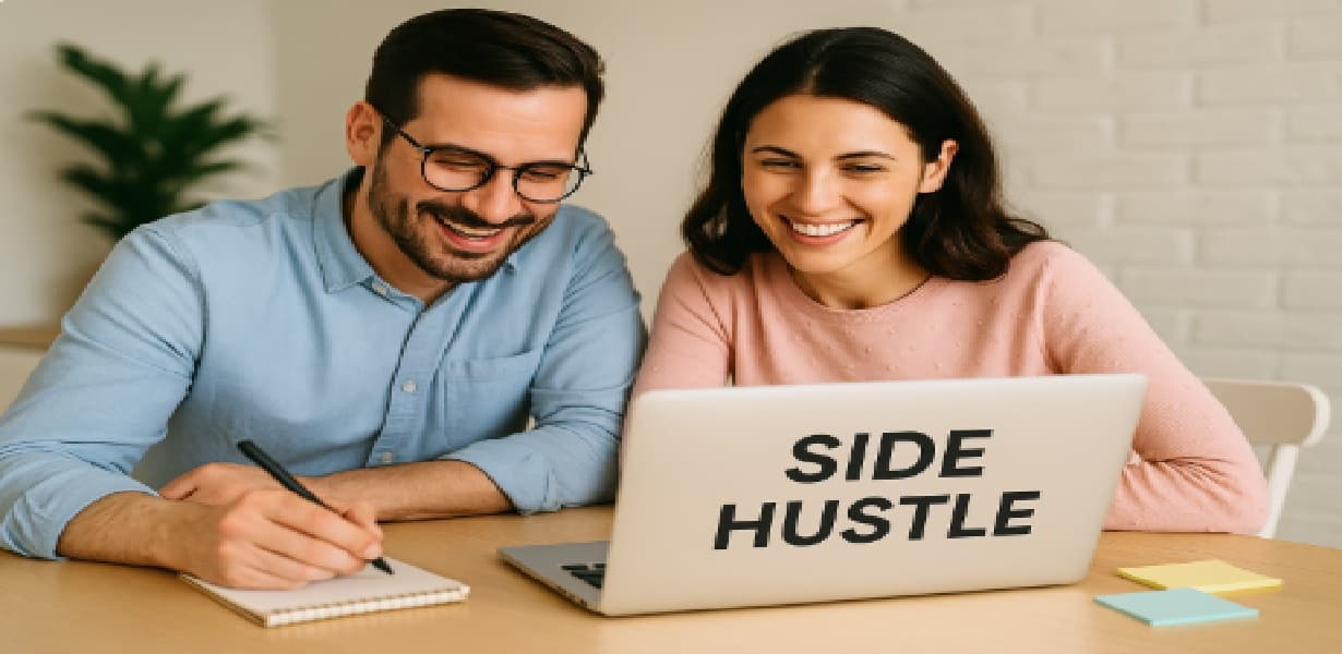 부부가 함께 노트북으로 사이드 부업을 계획하며 웃고 있는 장면 – 남편은 메모를 하고 아내는 노트북 화면을 보고 있음