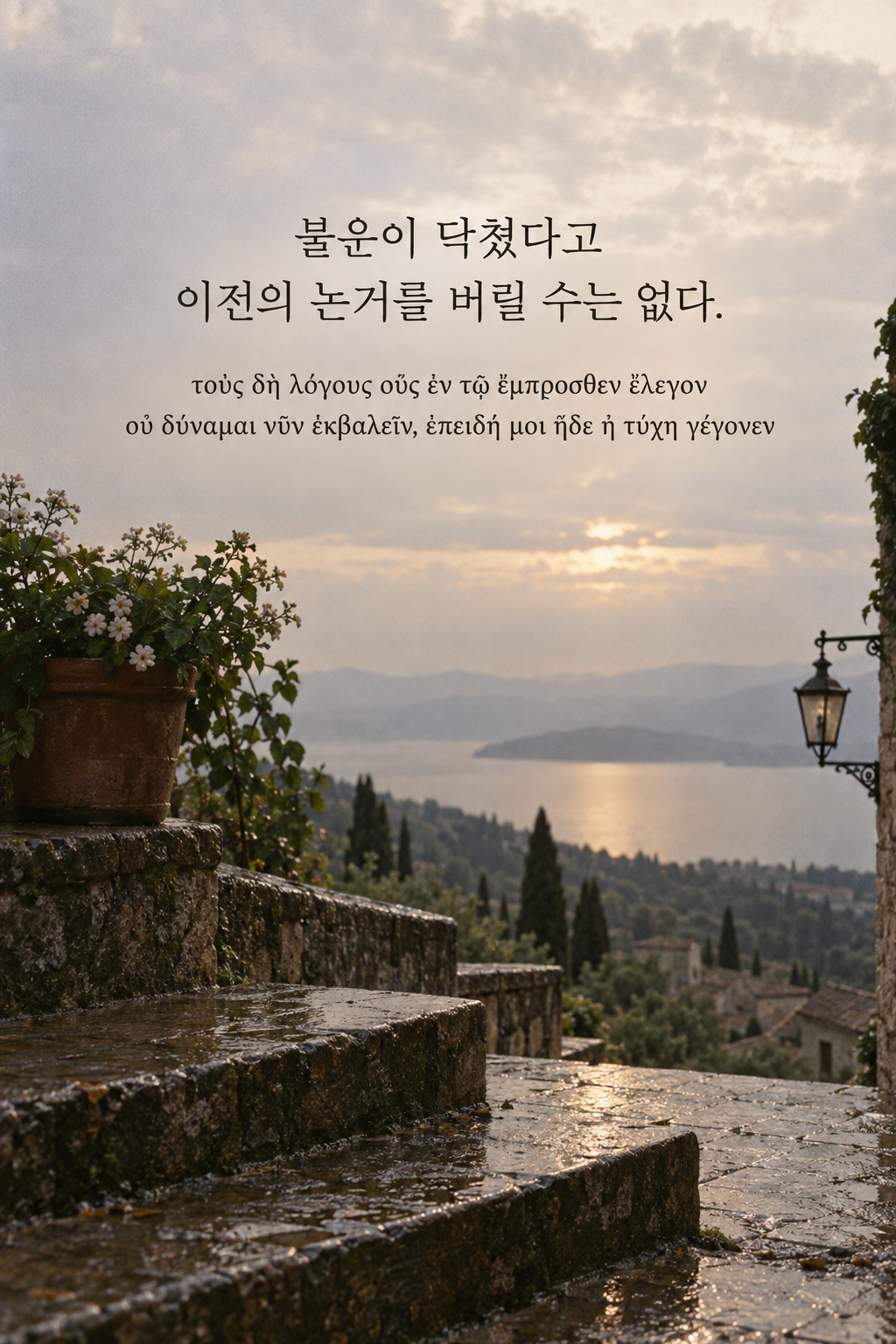 소크라테스 명언 22 &mdash; 불운이 닥쳤다고 이전의 논거를 버릴 수는 없다. &mdash; 비에 젖어도 제자리를 지키는 돌계단