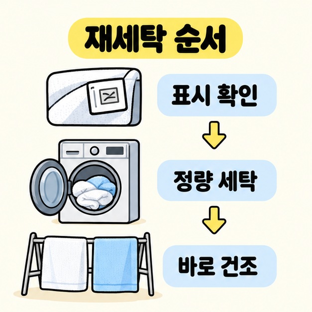 수건 세탁라벨과 세탁기, 건조대 그림에 표시 확인, 정량 세탁, 바로 건조 문구를 화살표로 연결한 재세탁 순서 이미지