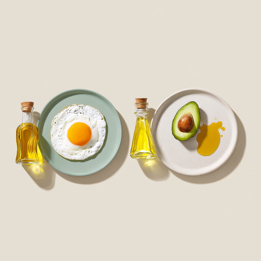 완숙 계란과 반숙 계란을 나란히 보여주는 비교 테이블 이미지. 각 옆에 아보카도 오일과 올리브유 병이 배치되어 있음