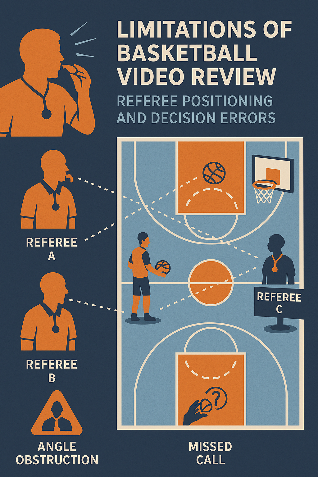 농구 심판의 위치와 시야각에 따른 판정 오차와 비디오 판독 한계를 설명하는 인포그래픽