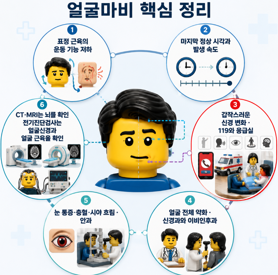 얼굴마비 증상 의미와 발생 시각·응급진료·진료과·뇌 영상·전기진단검사 핵심 정리