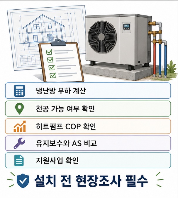 지열 히트펌프 설치 전 건물의 냉난방 부하와 천공 가능 여부, 장비효율과 유지보수 조건, 신재생에너지 지원사업을 함께 확인해야 함을 보여 주는 그림