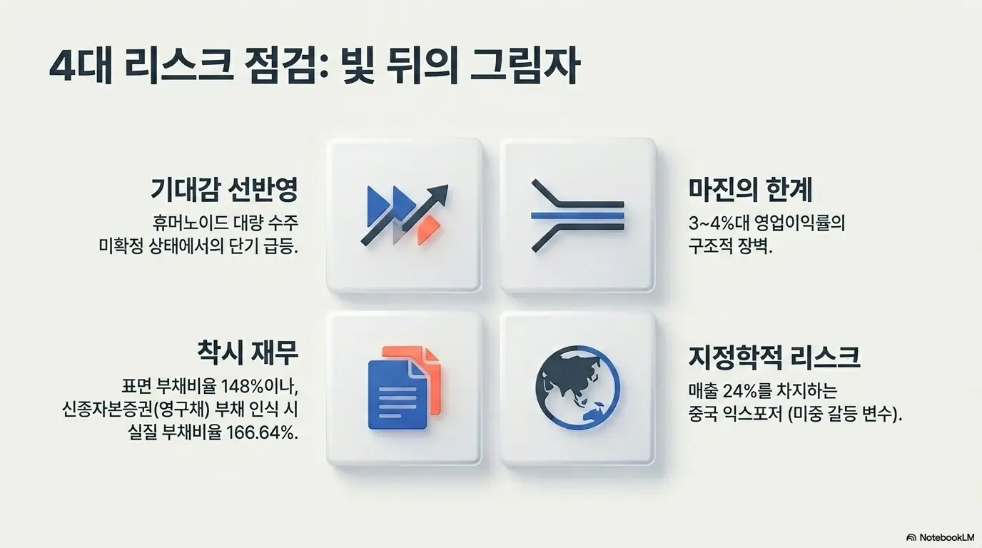 HL만도 주가 전망&amp;#44; &rsquo;4대 리스크 점검: 빛 뒤의 그림자&amp;#39;라는 제목으로 HL만도의 기대감 선반영&amp;#44; 3~4%대 마진 한계&amp;#44; 영구채 반영 시 실질 부채비율 166.64%&amp;#44; 중국 매출 24% 지정학적 리스크를 네 칸으로 정리한 인포그래픽. HL만도 주가의 단기 급등 이면에 있는 위험 요인을 시각적으로 전달하며&amp;#44; 블로그의 HL만도 리스크 분석과 관련된 내용을 설명함