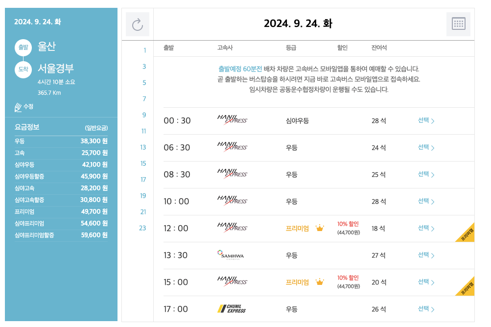 울산고속버스터미널-시간표