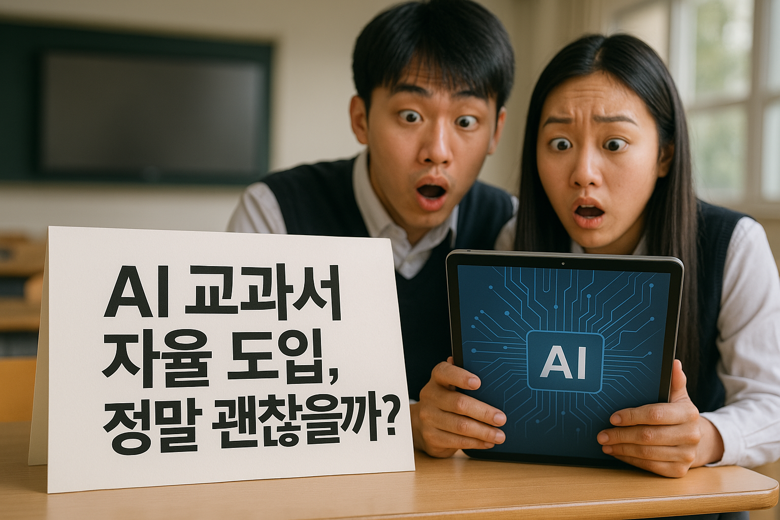 교실에서 ai교과서를 보면서 놀라고 있는 남학생과 여학생