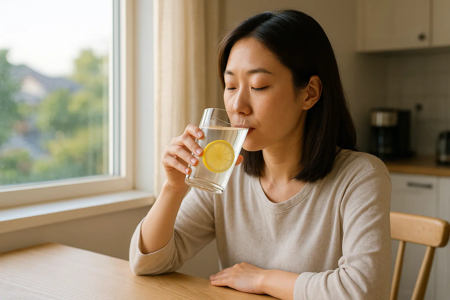 아침 기상 직후 미지근한 물이 담긴 유리컵 500ml를 마시는 사람, 햇빛이 들어오는 주방 창가, 레몬 한 조각이 물에 떠 있는 컵, 공복 상태에서 편안하게 앉아 마시는 장면