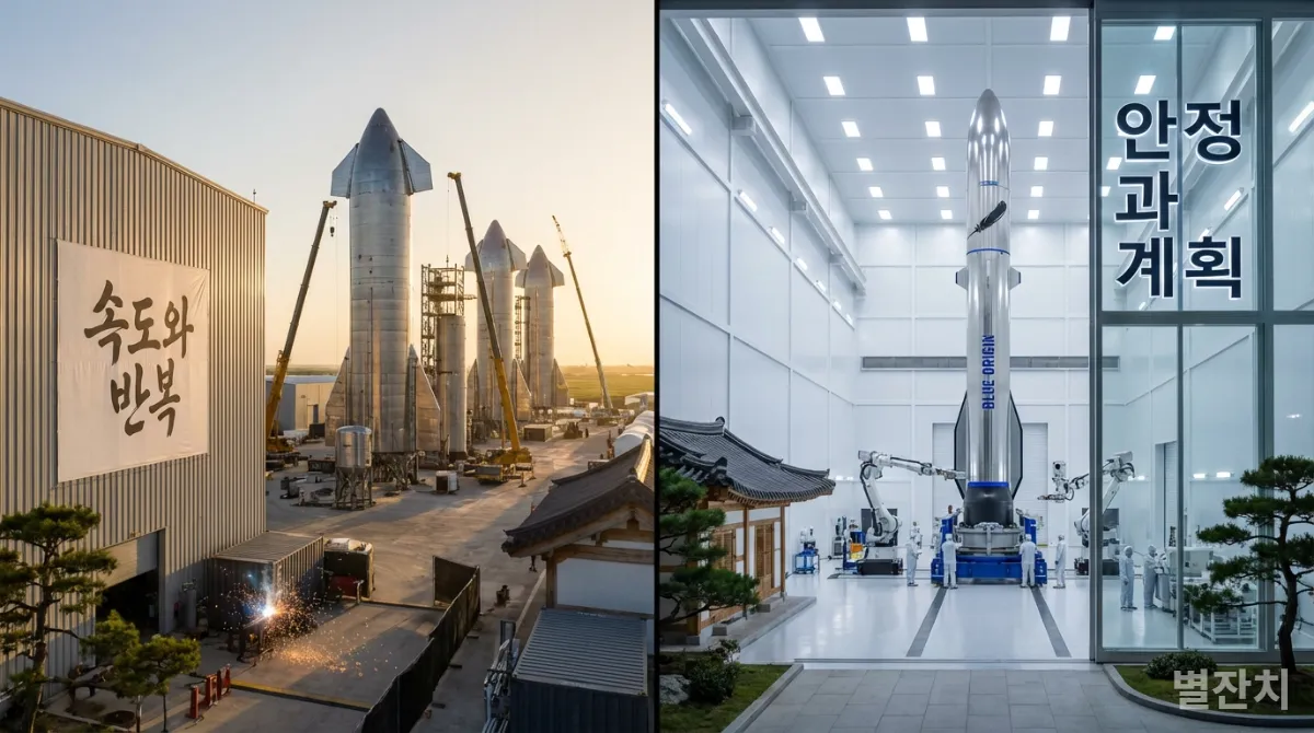 일론 머스크와 제프 베이조스의 우주 개발 전략을 비교하는 이미지