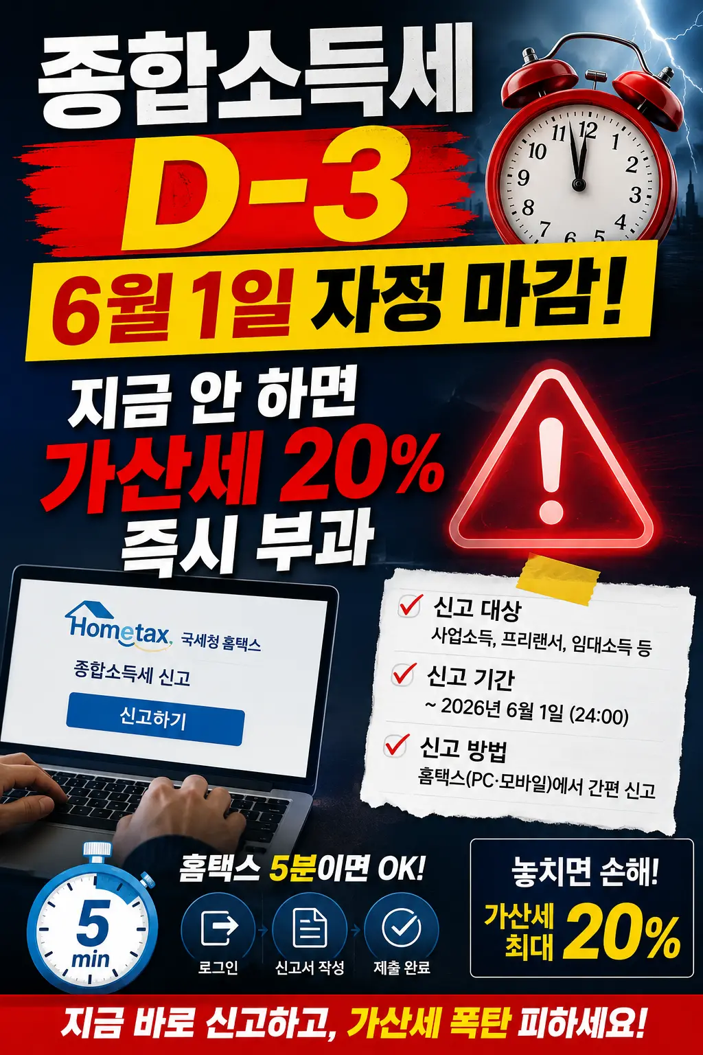 종합소득세 D-3 &mdash; 6월 1일 자정 마감! 지금 안 하면 가산세 20% 즉시 부과 (홈택스 5분) 이미지
