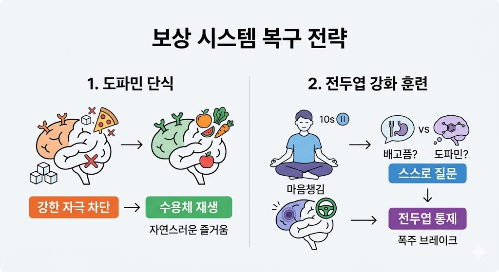 배경에 보상 시스템 복구 전략을 묘사한 이미지입니다. 도파민 단식과 마음챙김으로 전두엽 통제력을 회복하는 과정을 시각화했습니다. 뇌 가소성을 활용해 보상 회로를 재건하는 과정을 아이콘으로 명확히 보여줍니다.