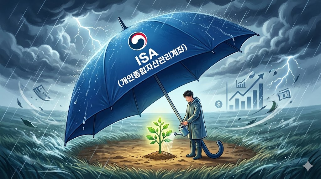 '손실'이라는 거센 비바람을 정부가 거대한 'ISA 우산'으로 막아주고, 그 아래서 청년 투자자가 안심하고 나무(자산)를 키우는 모습