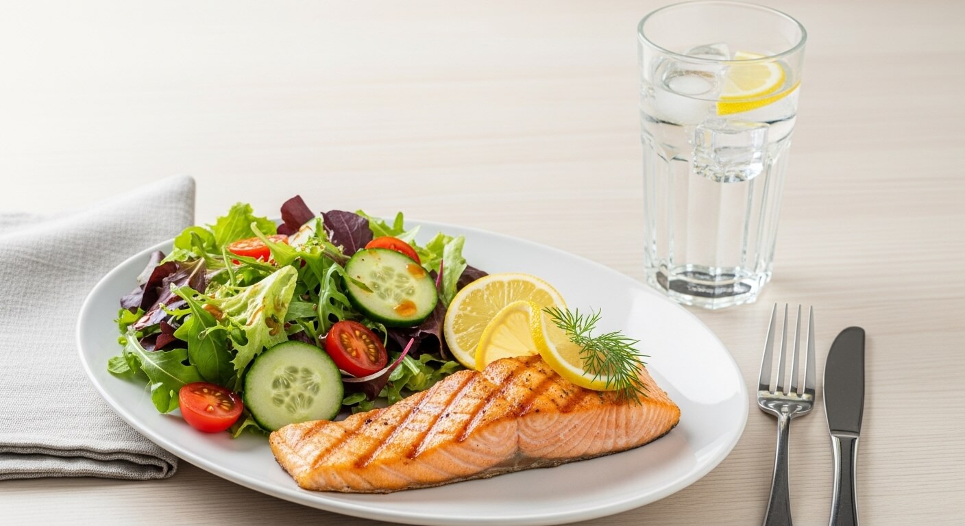 연어구이와 신선한 샐러드, 레몬물로 구성된 균형 잡힌 건강 식단