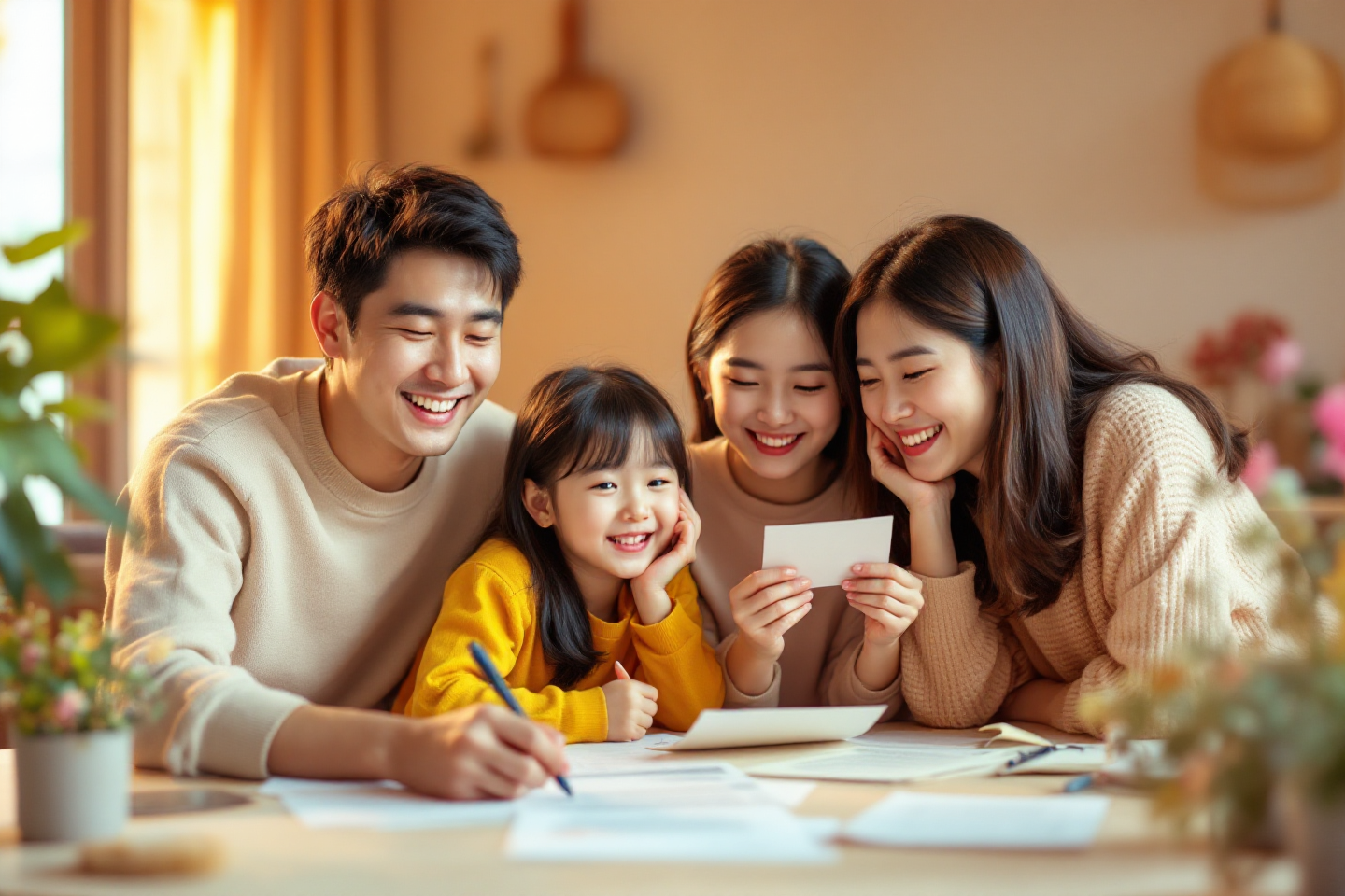 정부지원으로 생활 안정을 되찾은 가족의 따뜻한 일러스트