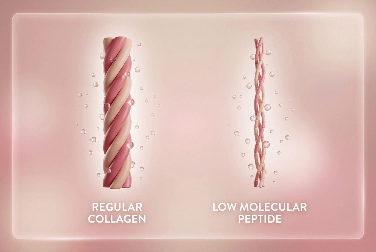 저분자 콜라겐과 일반 콜라겐의 분자 구조 차이를 직관적으로 보여주는 일러스트