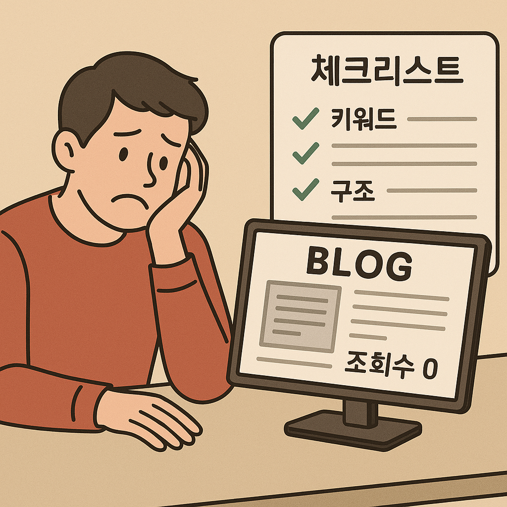 "노출 안 되는 블로그 글을 보고 한숨 쉬는 사람 + 키워드, 구조 체크리스트"
일러스트 이미지
