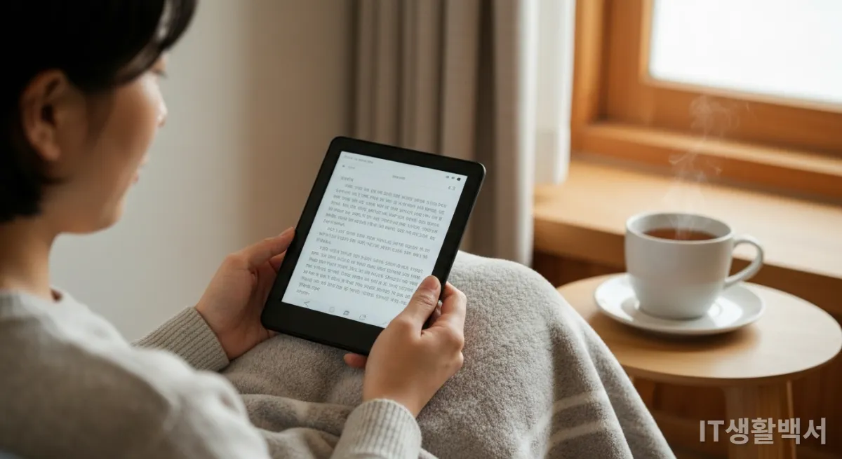 따뜻한 거실에서 이북리더기로 독서하는 사람의 모습