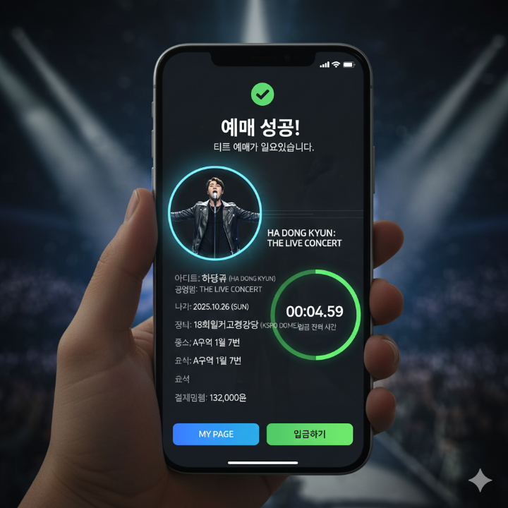 콘서트 티켓팅 성공 화면과 카운트다운 이미지