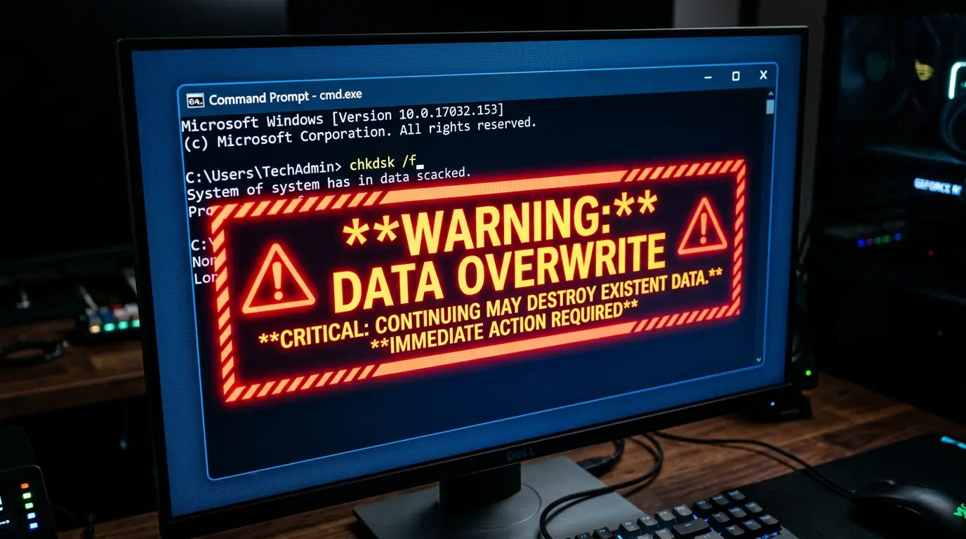 데이터 영구 파괴를 유발하는 chkdsk 명령어 실행을 경고하고 오버라이트 위험을 알리는 기술적 화면
