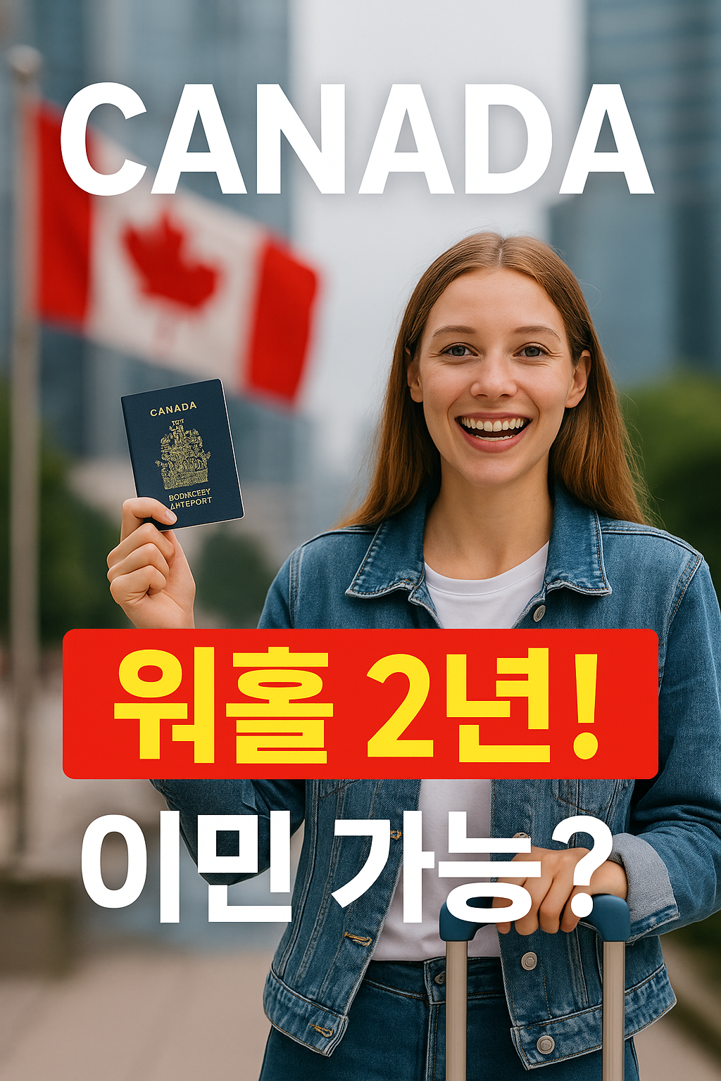 캐나다 국기 앞에서 여권과 여행용 캐리어를 들고 환하게 웃는 청년 여성. 이미지에는 '워홀 2년! 이민 가능?'이라는 한국어 텍스트가 강조되어 있음. 캐나다 워킹홀리데이 및 이민 정보를 상징하는 썸네일.