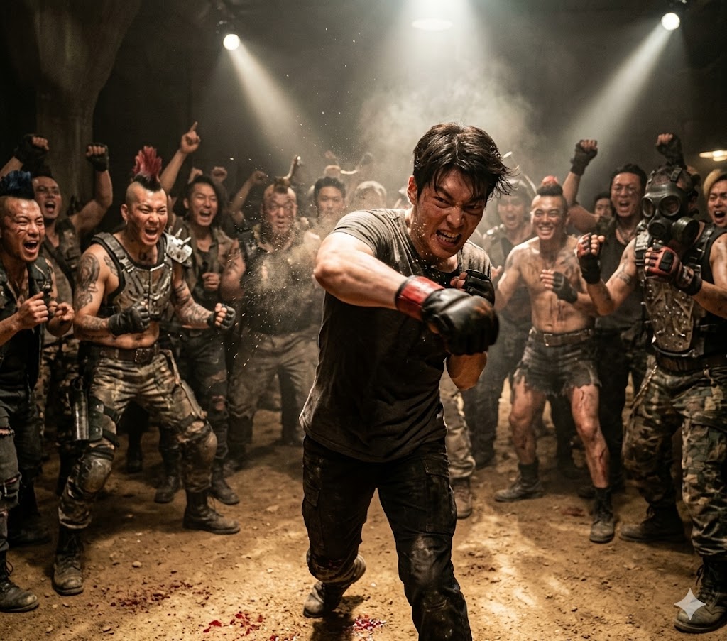 Sa-wol facing off against other tough competitors in a massive underground fight ring during the black knight selection tournament.