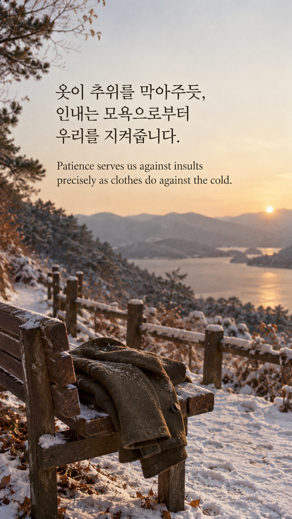 옷이 추위를 막아주듯, 인내는 모욕으로부터 우리를 지켜줍니다. &mdash; 겨울 산책로의 빈 목제 의자에 접힌 두꺼운 외투, 옅은 눈과 따뜻한 필름 색감, 아날로그 사진
