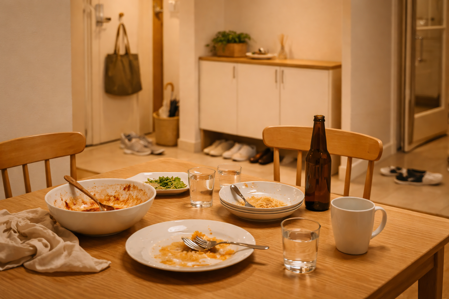 저녁에 정리되지 않은 식탁과 어수선한 현관 풍수 모습