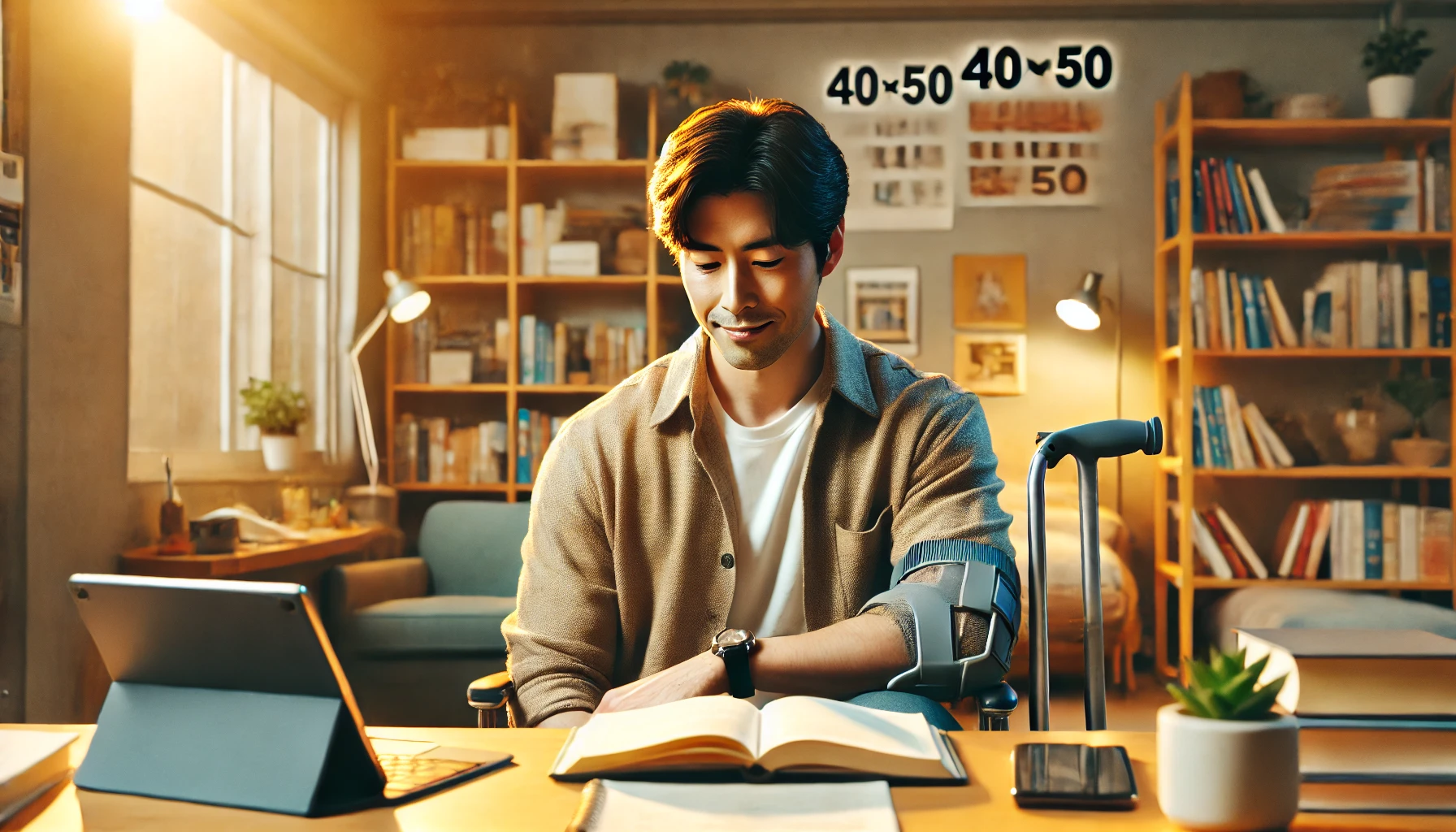 뇌병변 장애인이 재취업을 준비하는 모습을 담은 블로그 썸네일 – 중년 남성이 복지기관 책상에서 공부하고 있으며, 옆에는 휠체어가 놓여 있고 배경에는 따뜻한 조명과 상담실 분위기가 연출된 희망적인 이미지