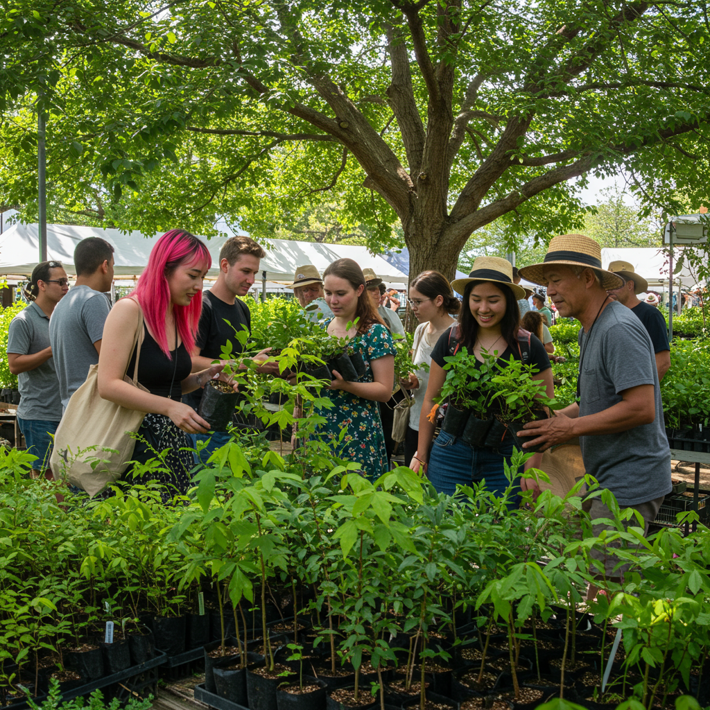 나무시장에서 다양한 사람들이 묘목을 고르고 있다.