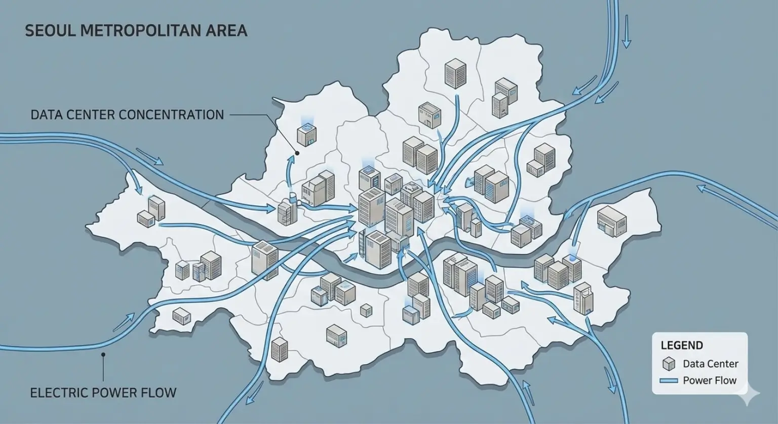 수도권 데이터센터가 밀집되면서 전력이 한 방향으로 몰려 수도권 전력망 부담이 커지는 구조를 설명한 그림