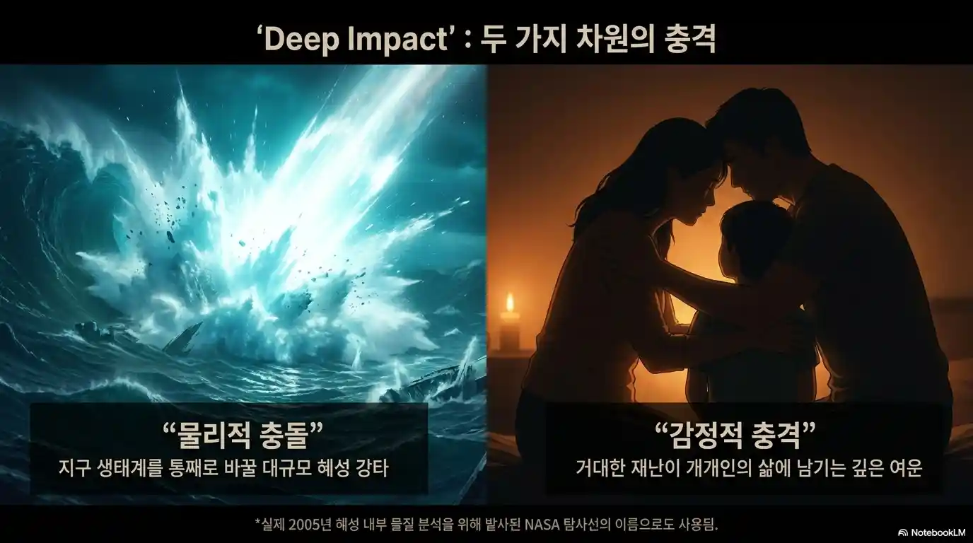 딥 임팩트 제목 두 가지 의미 비교 인포그래픽 - 물리적 혜성 충돌과 감정적 충격 이중 해석