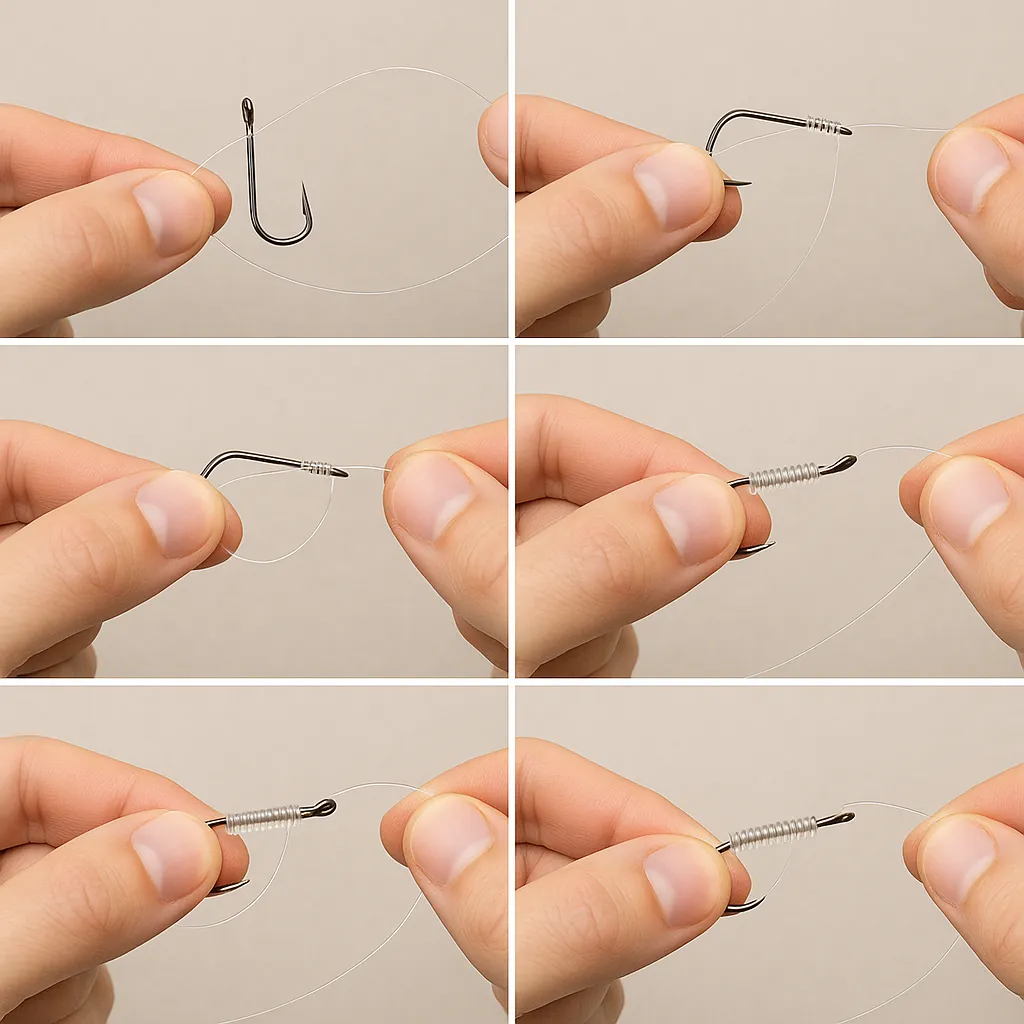 낚시 바늘 내림매듭을 단계별로 보여주는 6분할 클로즈업