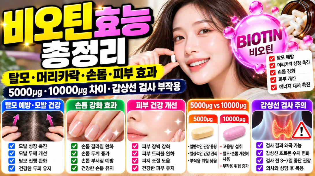 비오틴 효능 총정리｜탈모&middot;머리카락&middot;손톱&middot;피부 효과&middot;5000㎍&middot;10000㎍ 차이&middot;갑상선 검사 부작용
