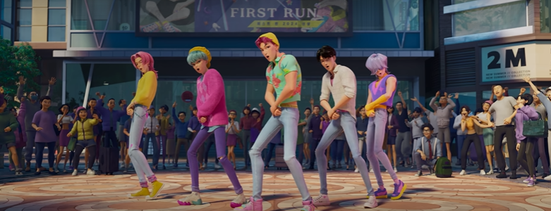 애니메이션 데몬 헌터스 속 사자 보이즈의 길거리 공연장면