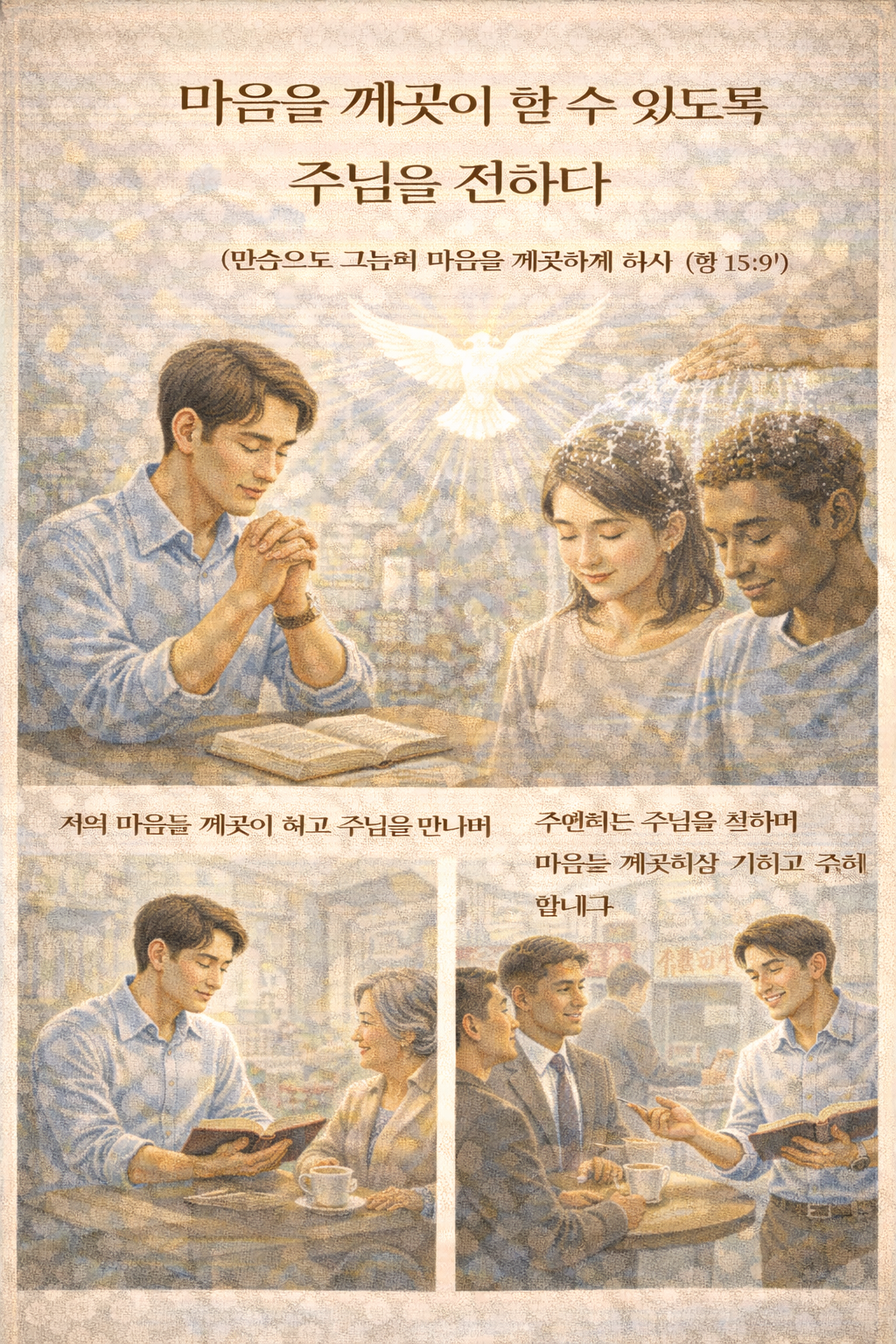 행15:9 말씀을 보며, 사람은 누구나 하나님을 만나게 되면 그 마음이 깨끗해진다는 것을 보며, 저도 스스로 마음을 깨끗이 할 뿐 아니라 주변에도 마음을 깨끗히할 수 있도록 주님을 알게하고 전하려는 시도를 하는 모습입니다.
