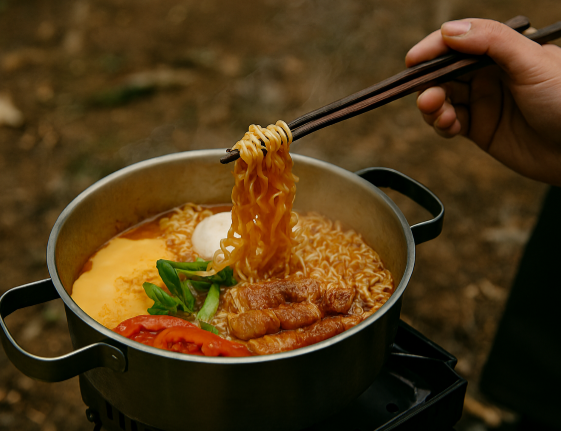 캠핑에서 라면 먹는 모습