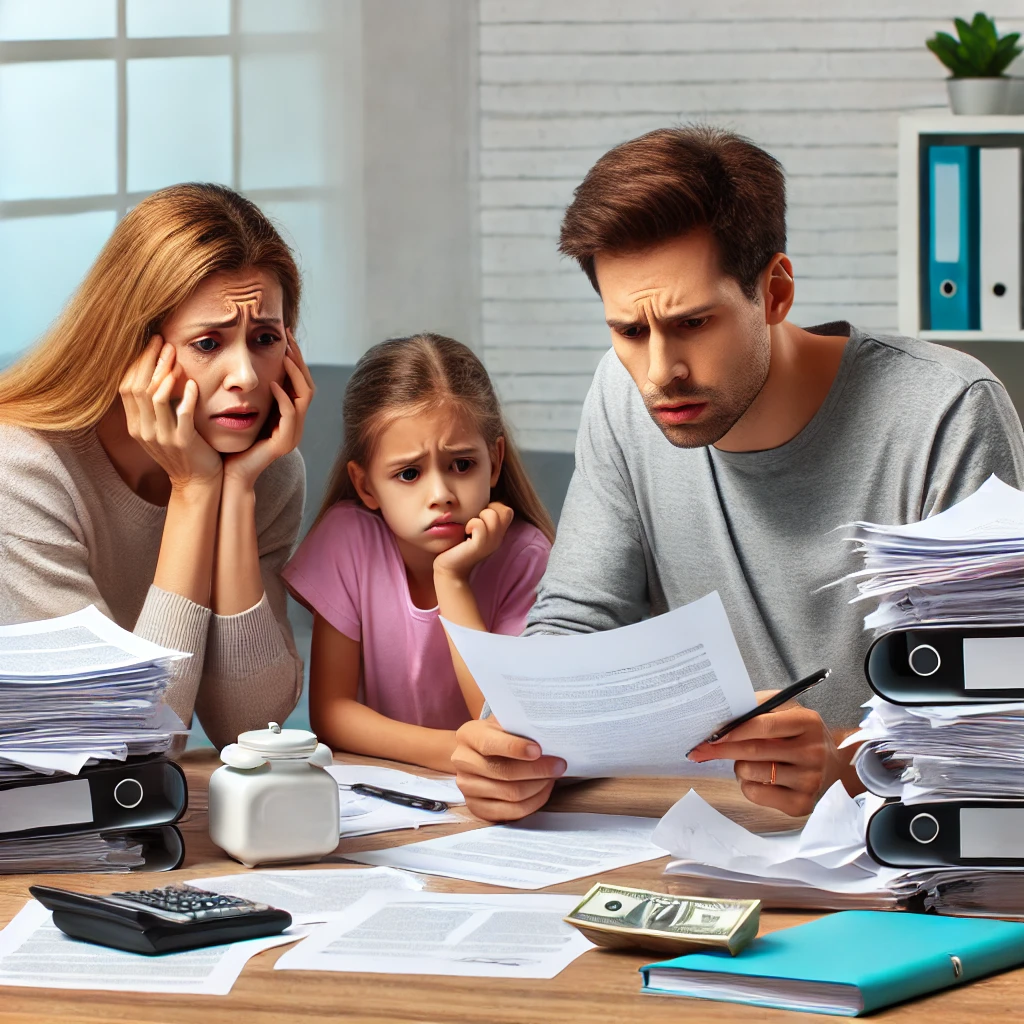 한 가족이 상속 관련 서류를 보며 복잡한 표정을 짓고 있는 장면, 서류 더미가 책상에 쌓여 있는 모습.