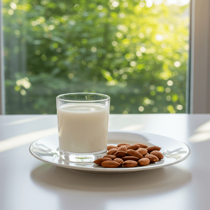 시니어를 위한 아몬드두유와 구운 아몬드가 테이블 위에 놓여 있는 이미지