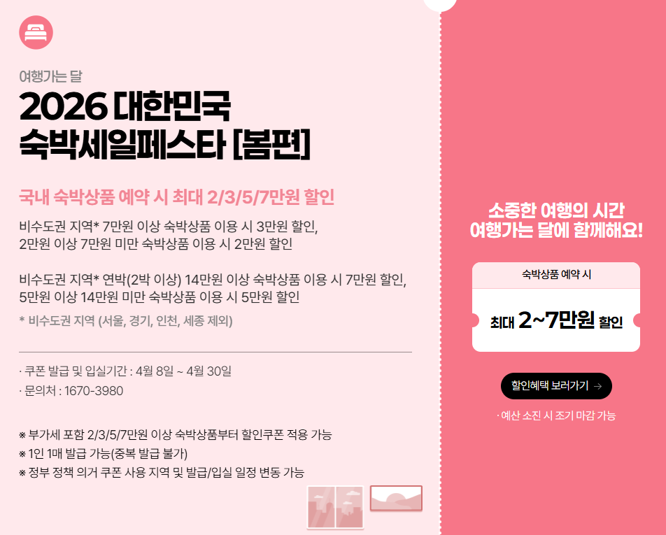 2026숙박세일페스타, 대한민국숙박세일페스타, 숙박할인쿠폰, 봄여행지추천, 비수도권숙박할인, 연박할인혜택, 야놀자숙박페스타, 여기어때할인권, 숙박페스타사용법, 2026여행지원금, 국내여행할인, 호텔예약팁, 선착순쿠폰성공, 강원도호텔할인, 부산숙소할인, 제주도여행지원, 문체부숙박지원, 숙박세일페스타일정, 호캉스할인, 가성비여행전략
