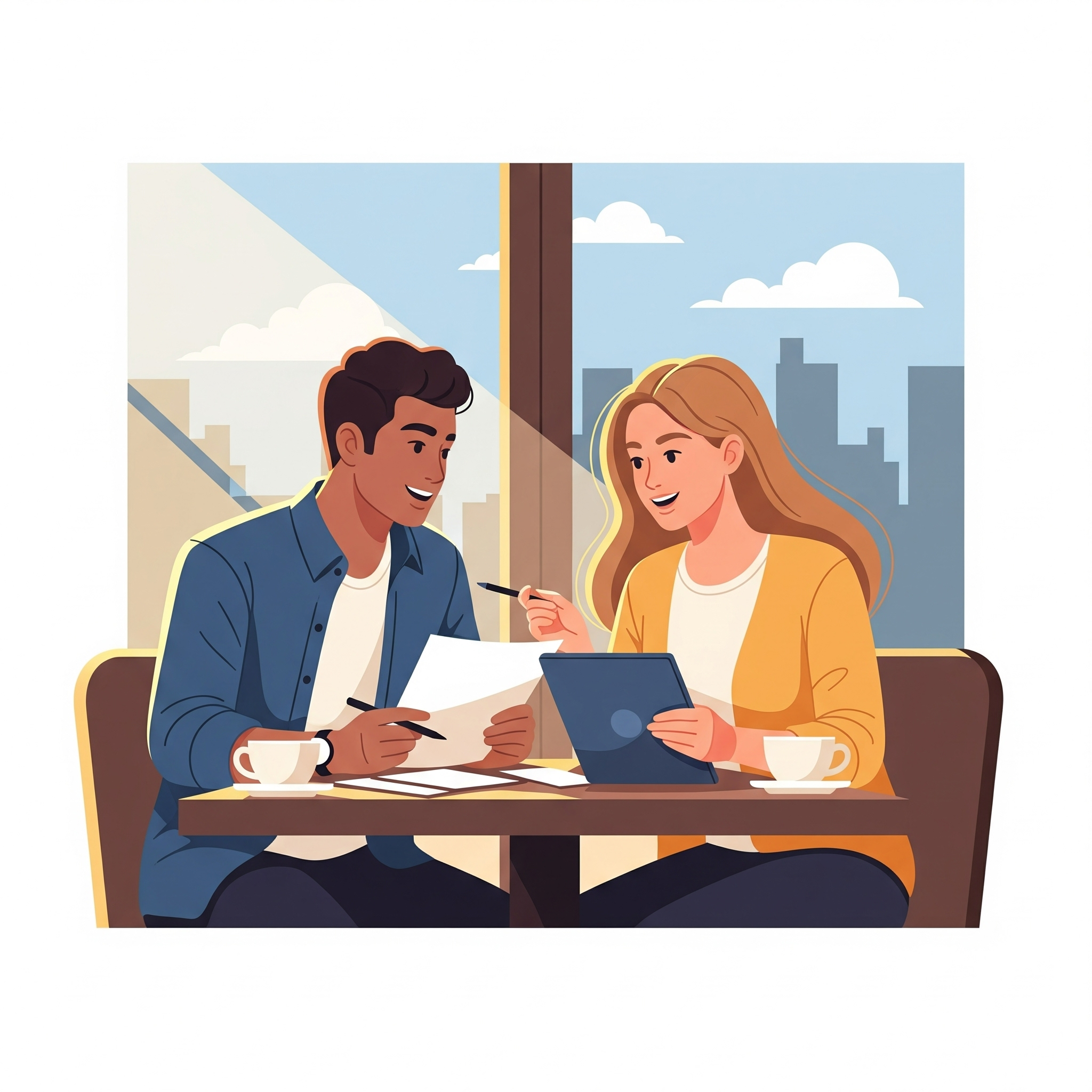 두 사람이 마주앉아 편안한 분위기에서 돈에 대해 대화하는 모습