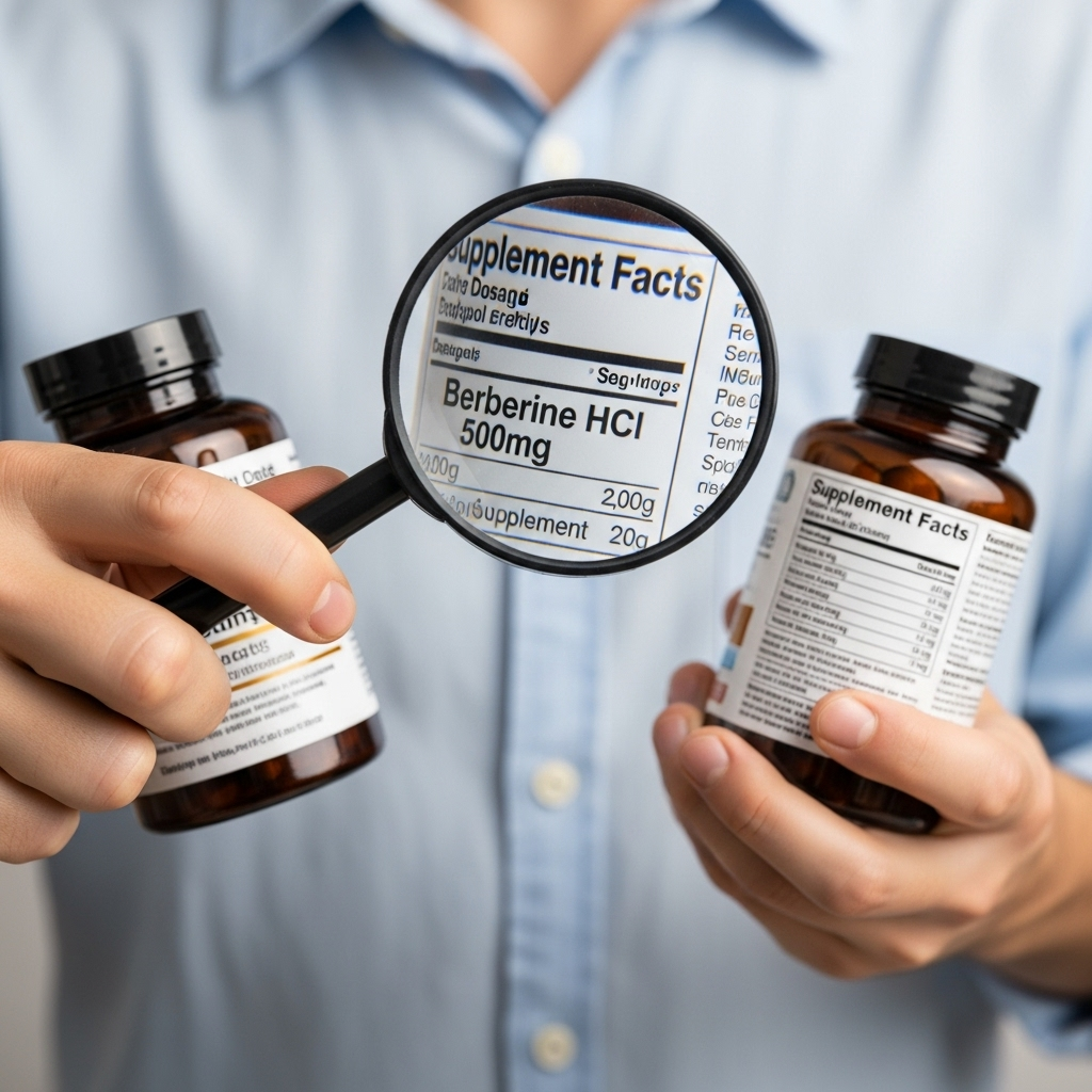 한 사람이 여러 베르베린 영양제 병을 비교하며, 돋보기로 하나의 병에 적힌 성분 함량 라벨을 자세히 들여다보는 모습