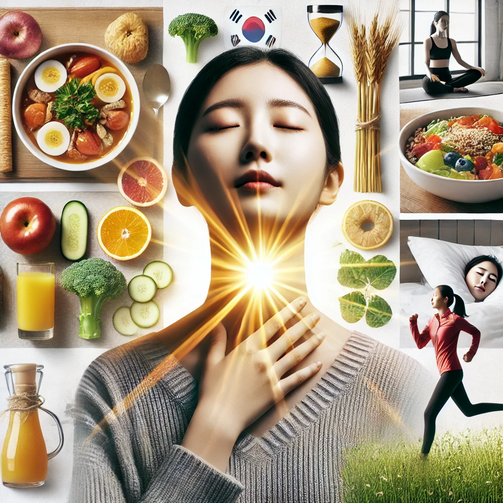 밝은 햇살 아래 숨을 깊게 들이마시는 사람과 건강한 식단, 운동, 수면을 표현한 이미지 콜라주