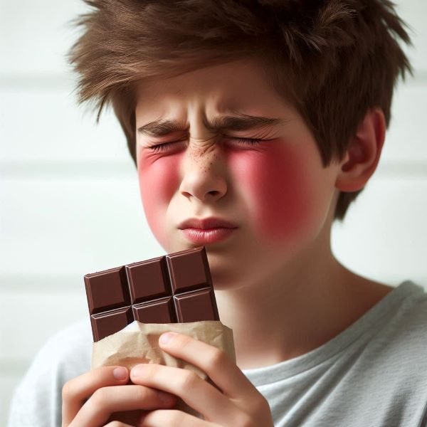 초콜릿을 먹고 알레르기 반응을 일으키는 남자아이