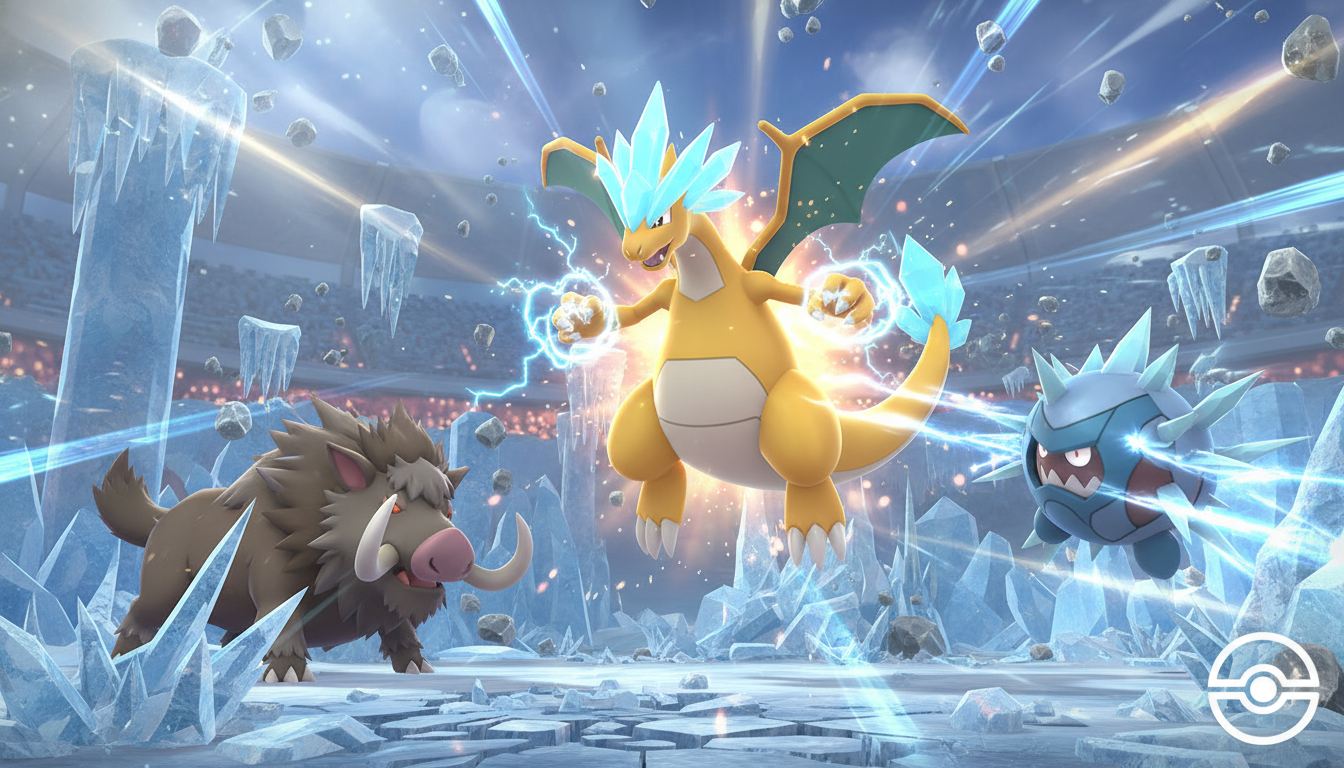 포켓몬고 레이드 배틀에서 강력한 포즈를 취하고 있는 메가 망나뇽과 이에 맞서는 맘모꾸리 등의 얼음 타입 포켓몬들