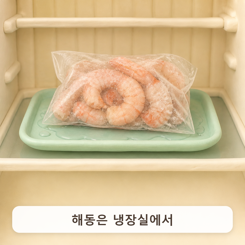 냉장실 칸에 접시를 받쳐 둔 냉동 새우 봉지