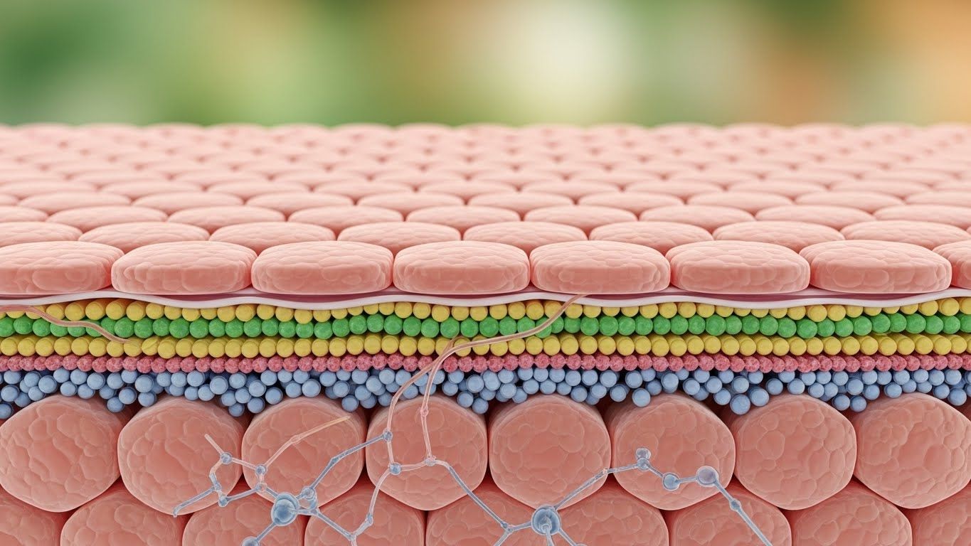 피부 장벽 구조를 보여주는 매크로 샷입니다. 피부 세포와 같은 미세한 '벽돌'(피부 세포)과 '모탈'(세라마이드와 같은 지질)이 강하고 온전한 장벽을 형성하는 모습을 보여줍니다.